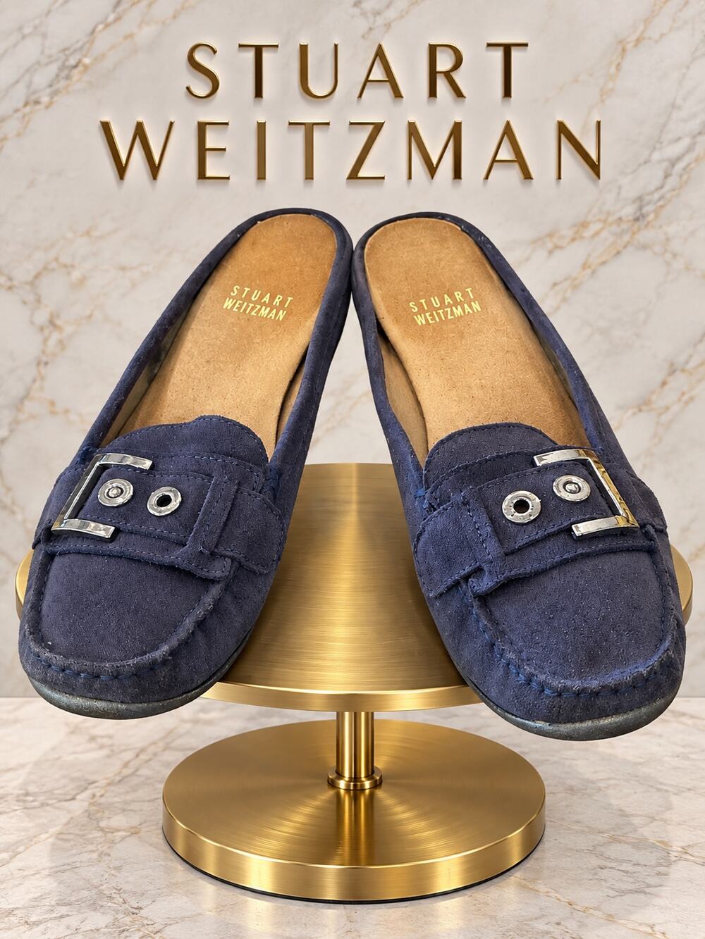 Stuart Weitzman Dark Dusty Blue Suede Buckle Loafer Mules Size 7.5M